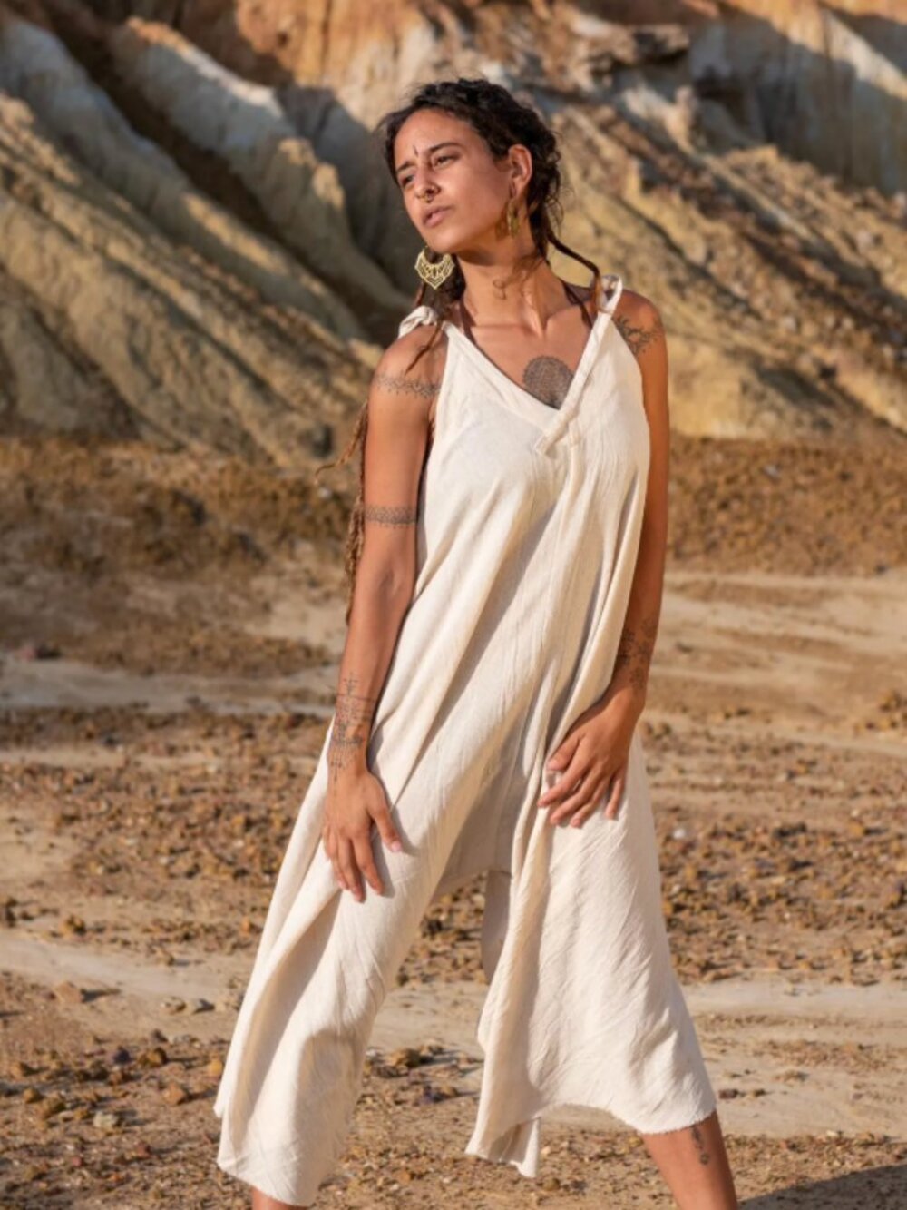 Kalbelia Raw Cotton Boho Jumpsuit: Wide Leg, Adjustable Straps